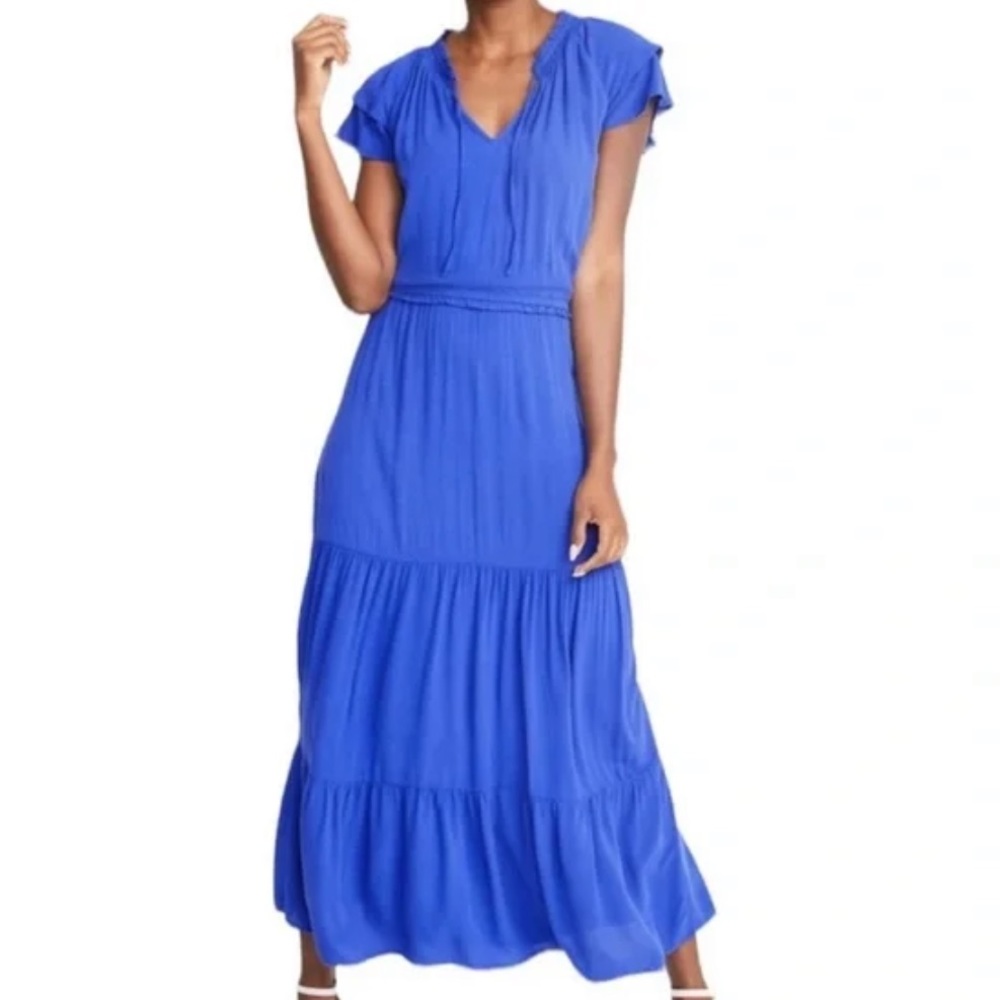 Old Navy Long Maxi Dress Tie Front Ruffle XL Truest Violet Short Sleeve NWT